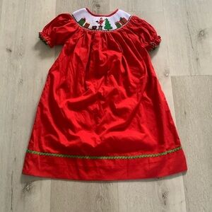 Blue Elephant Toddler Smocked Red Christmas Dress